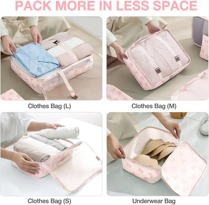 Packing Cubes Set - 8-Piece Lightweight Luggage Organizer for Travel, Includes Shoe, Cosmetics, Clothing & Accessories Bags - Perfect for Men & Women (Pink Bows)