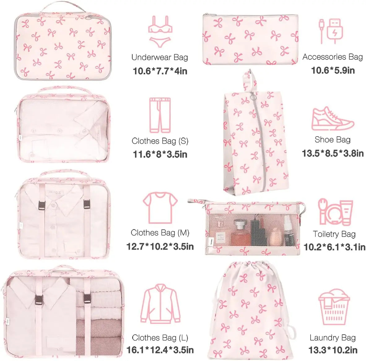 Packing Cubes Set - 8-Piece Lightweight Luggage Organizer for Travel, Includes Shoe, Cosmetics, Clothing & Accessories Bags - Perfect for Men & Women (Pink Bows)