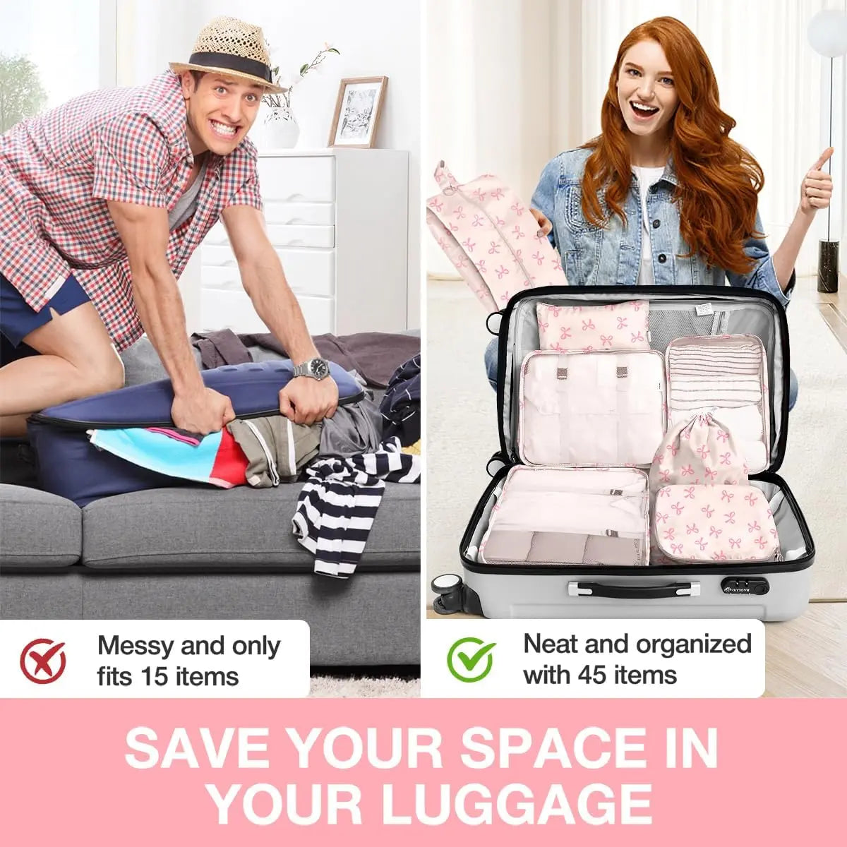 Packing Cubes Set - 8-Piece Lightweight Luggage Organizer for Travel, Includes Shoe, Cosmetics, Clothing & Accessories Bags - Perfect for Men & Women (Pink Bows)