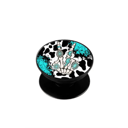 Cow Print Skeleton Hand Phone Grip - Stylish Foldable Stand for Easy Use