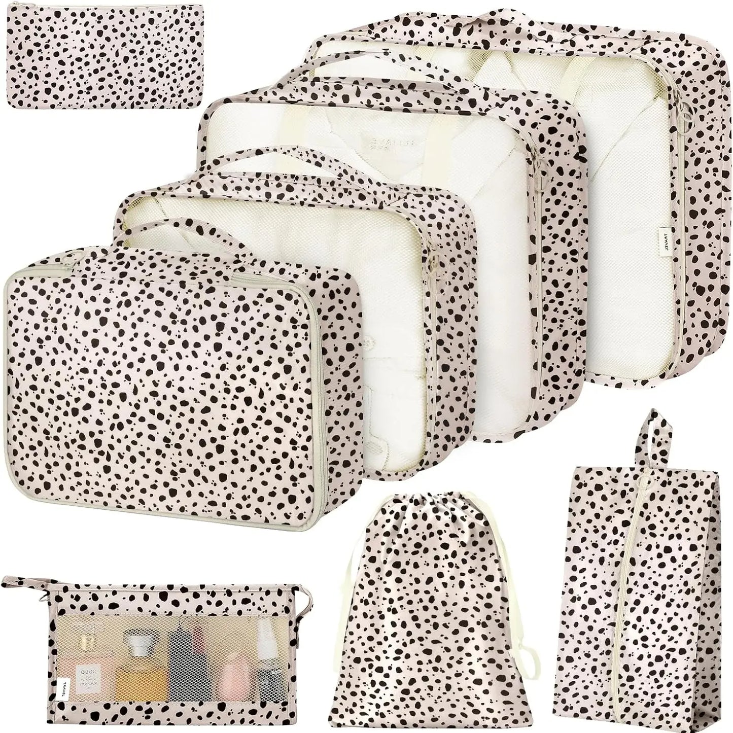 Packing Cubes Set - 8-Piece Lightweight Luggage Organizer for Travel, Includes Shoe, Cosmetics, Clothing & Accessories Bags - Perfect for Men & Women (Pink Bows)
