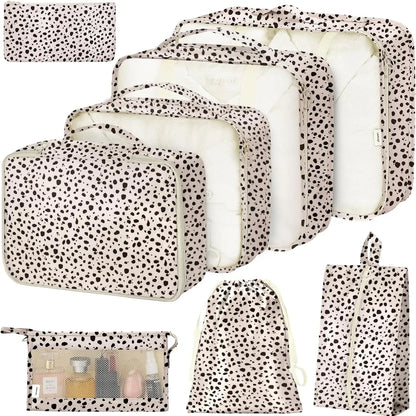 Packing Cubes Set - 8-Piece Lightweight Luggage Organizer for Travel, Includes Shoe, Cosmetics, Clothing & Accessories Bags - Perfect for Men & Women (Pink Bows)