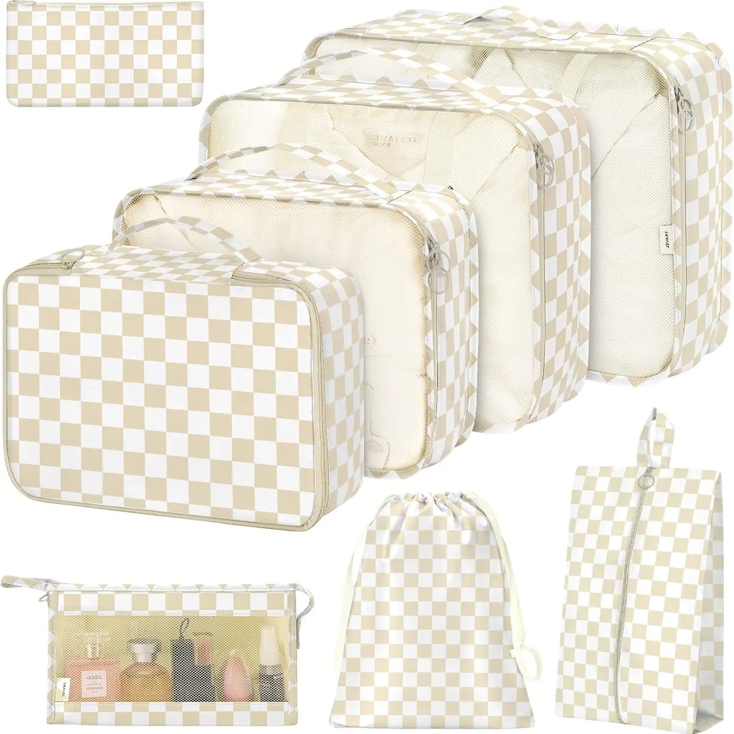Packing Cubes Set - 8-Piece Lightweight Luggage Organizer for Travel, Includes Shoe, Cosmetics, Clothing & Accessories Bags - Perfect for Men & Women (Pink Bows)