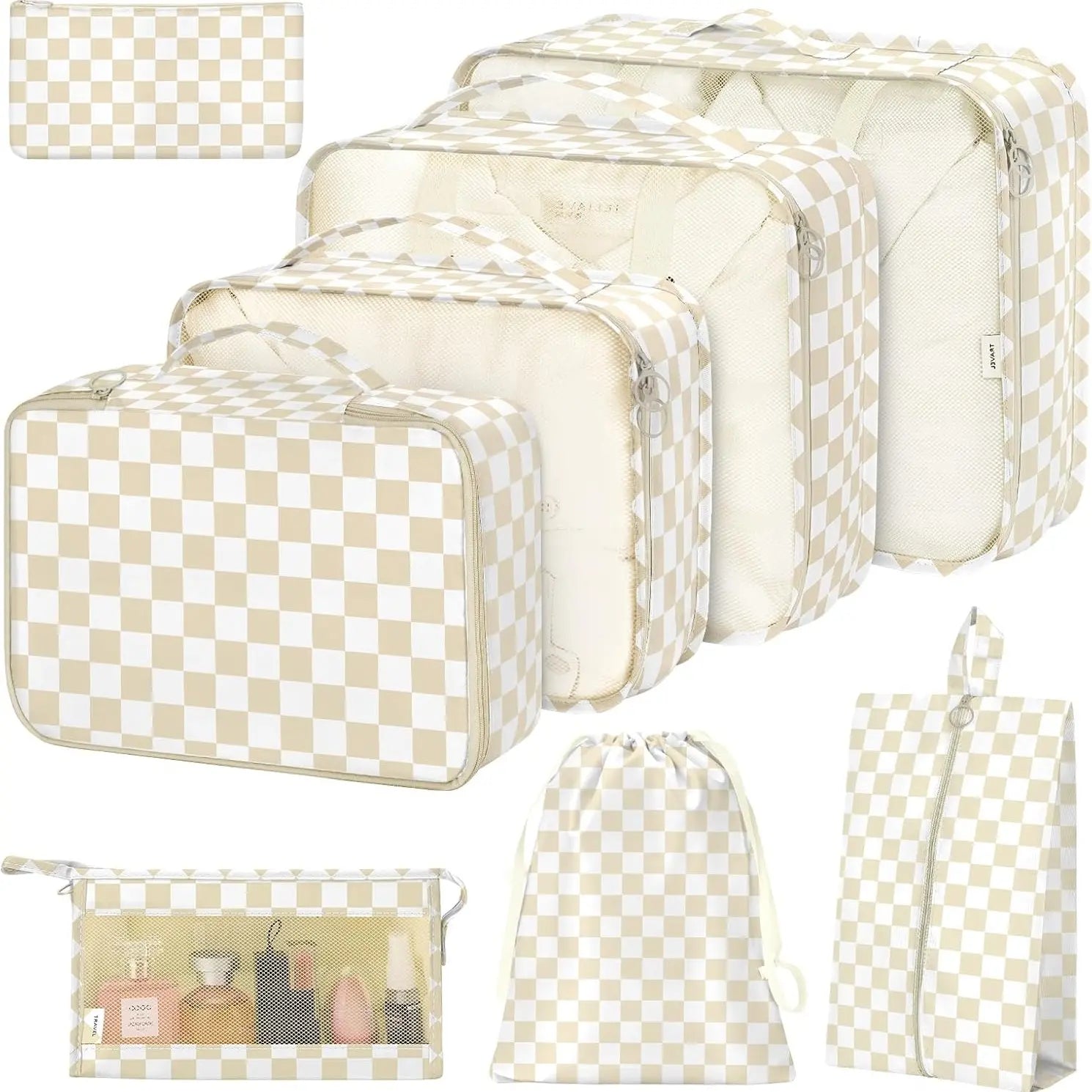 Packing Cubes Set - 8-Piece Lightweight Luggage Organizer for Travel, Includes Shoe, Cosmetics, Clothing & Accessories Bags - Perfect for Men & Women (Pink Bows)