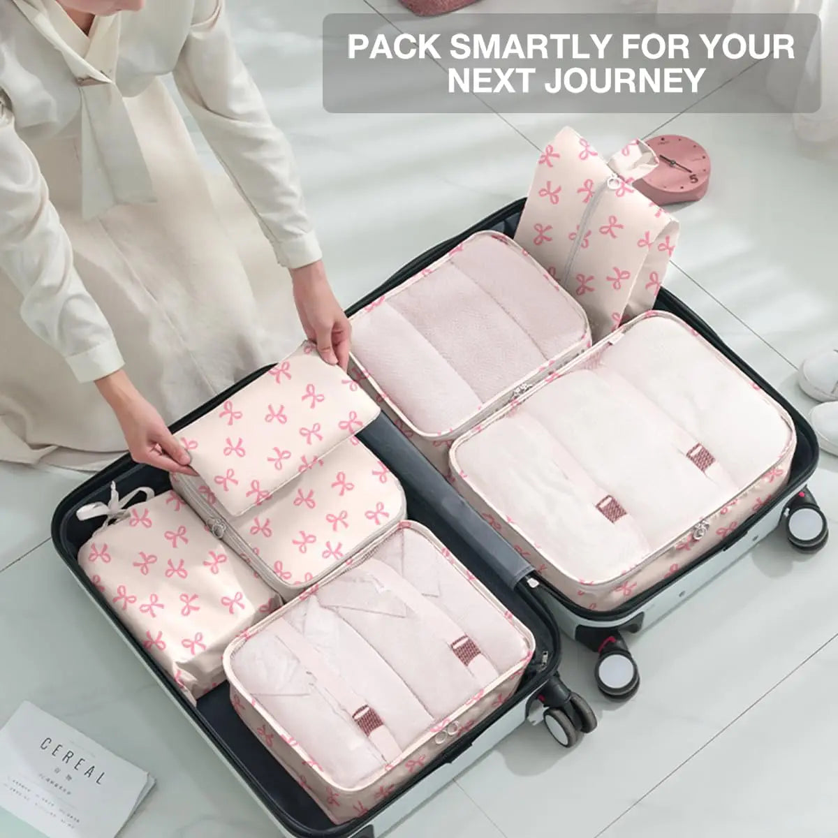 Packing Cubes Set - 8-Piece Lightweight Luggage Organizer for Travel, Includes Shoe, Cosmetics, Clothing & Accessories Bags - Perfect for Men & Women (Pink Bows)