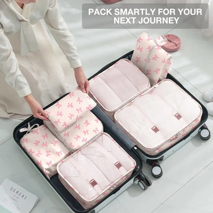 Packing Cubes Set - 8-Piece Lightweight Luggage Organizer for Travel, Includes Shoe, Cosmetics, Clothing & Accessories Bags - Perfect for Men & Women (Pink Bows)