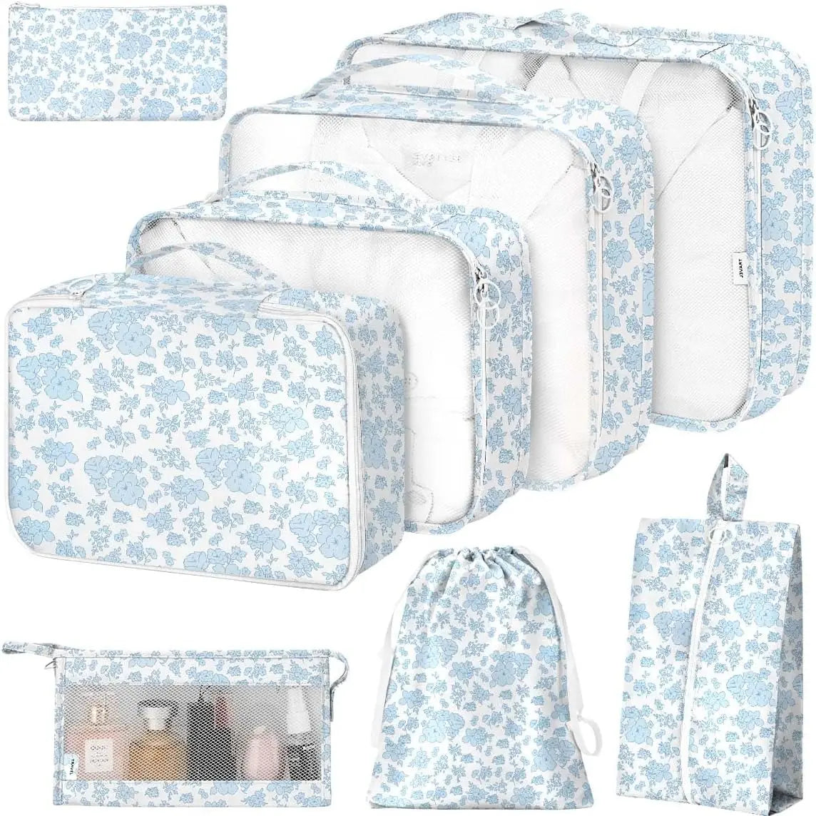 Packing Cubes Set - 8-Piece Lightweight Luggage Organizer for Travel, Includes Shoe, Cosmetics, Clothing & Accessories Bags - Perfect for Men & Women (Pink Bows)