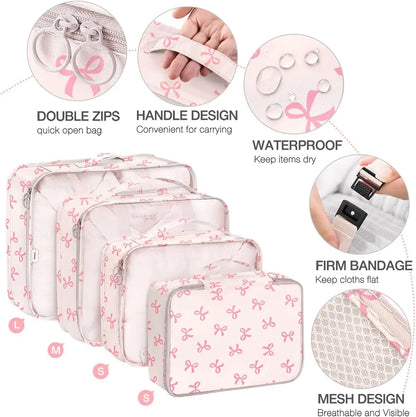 Packing Cubes Set - 8-Piece Lightweight Luggage Organizer for Travel, Includes Shoe, Cosmetics, Clothing & Accessories Bags - Perfect for Men & Women (Pink Bows)