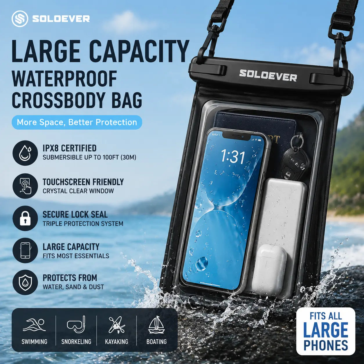 SOLOEVER Waterproof Phone Pouches – Ultimate Floating Fanny Pack for Swimming, Boating & Outdoor Fun, IPX8 Protection, Dual Compartments for Essentials