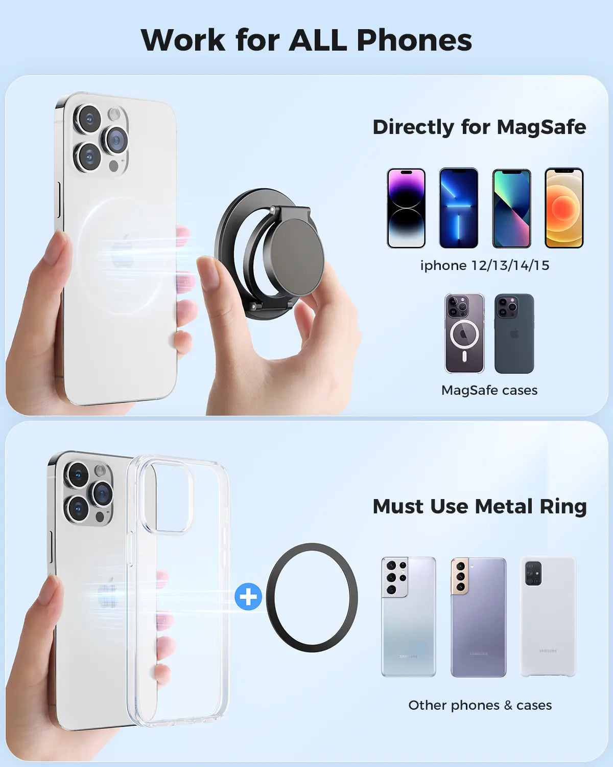 Summervibes Magnetic Ring Holder - Dual-Sided Magsafe Grip & Kickstand for iPhone 12-17 Series & Magnetic Car Mount-Compatible Phones