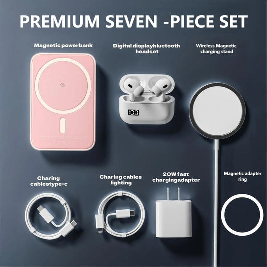Ultimate 7-in-1 Magnetic Powerbank & Bluetooth Earphones Kit - 10000mAh Fast Charging, Wireless Charger, Type-C to Lightning Cable, Compact & Portable