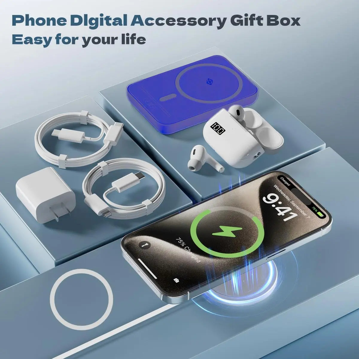Ultimate 7-in-1 Magnetic Powerbank & Bluetooth Earphones Kit - 10000mAh Fast Charging, Wireless Charger, Type-C to Lightning Cable, Compact & Portable
