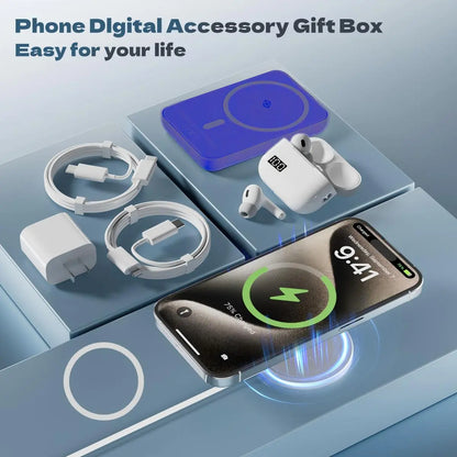 Ultimate 7-in-1 Magnetic Powerbank & Bluetooth Earphones Kit - 10000mAh Fast Charging, Wireless Charger, Type-C to Lightning Cable, Compact & Portable