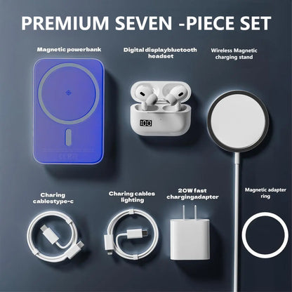 Ultimate 7-in-1 Magnetic Powerbank & Bluetooth Earphones Kit - 10000mAh Fast Charging, Wireless Charger, Type-C to Lightning Cable, Compact & Portable