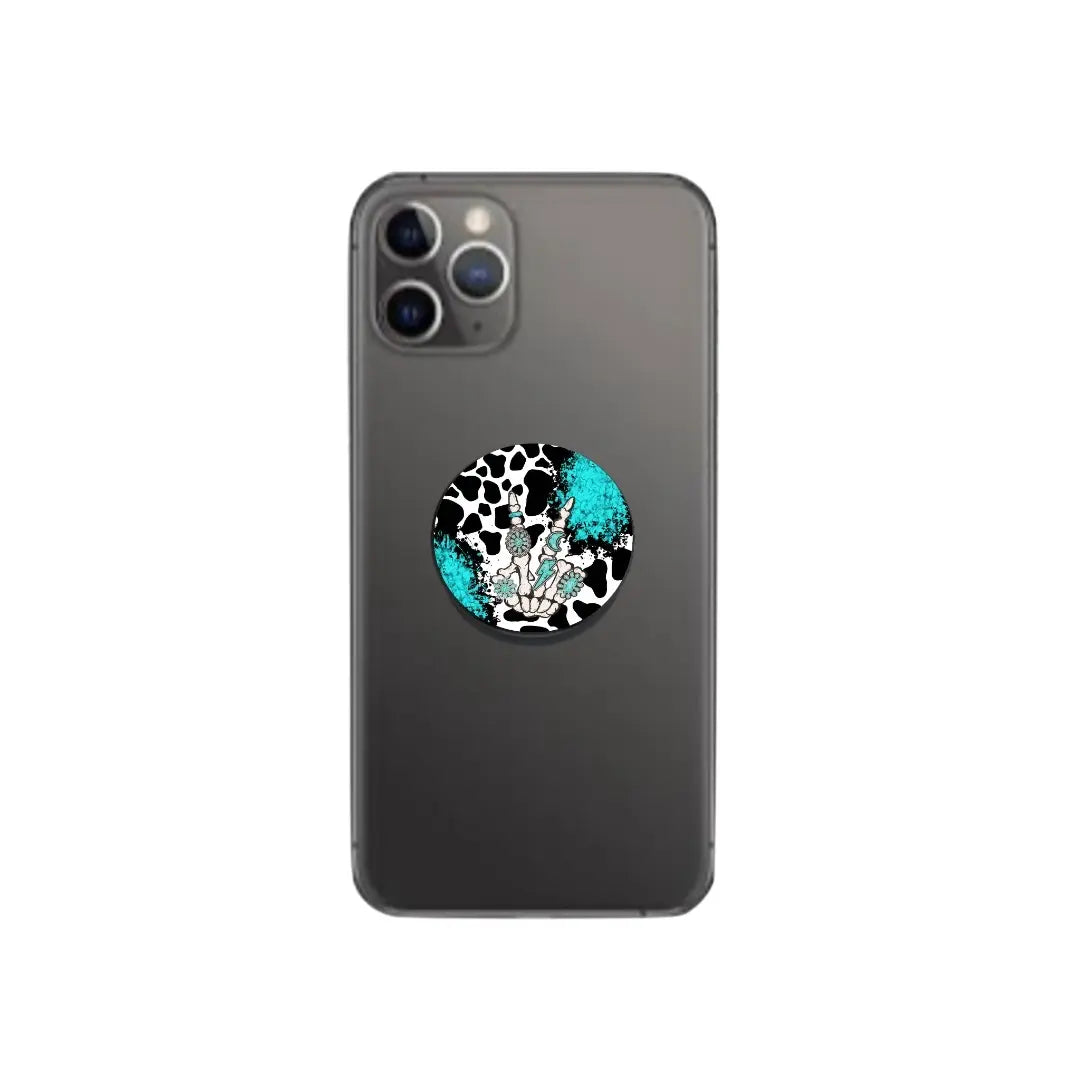 Cow Print Skeleton Hand Phone Grip - Stylish Foldable Stand for Easy Use