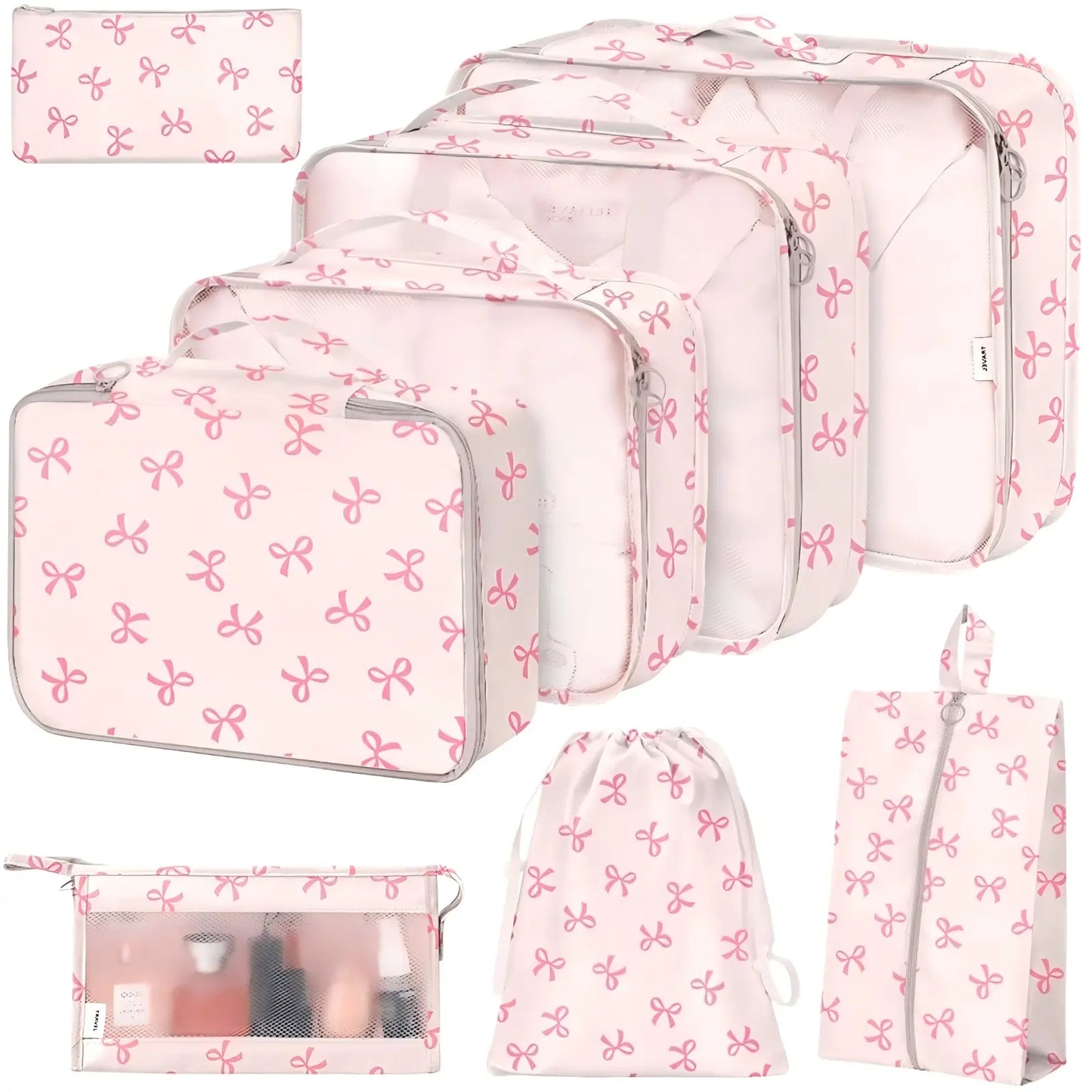 Packing Cubes Set - 8-Piece Lightweight Luggage Organizer for Travel, Includes Shoe, Cosmetics, Clothing & Accessories Bags - Perfect for Men & Women (Pink Bows)
