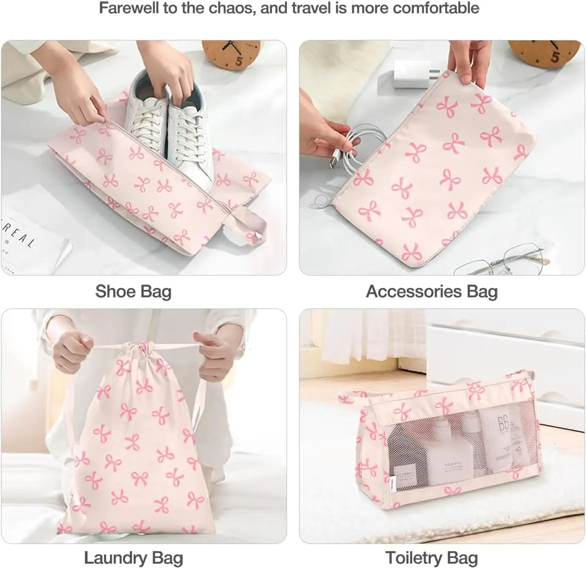 Packing Cubes Set - 8-Piece Lightweight Luggage Organizer for Travel, Includes Shoe, Cosmetics, Clothing & Accessories Bags - Perfect for Men & Women (Pink Bows)